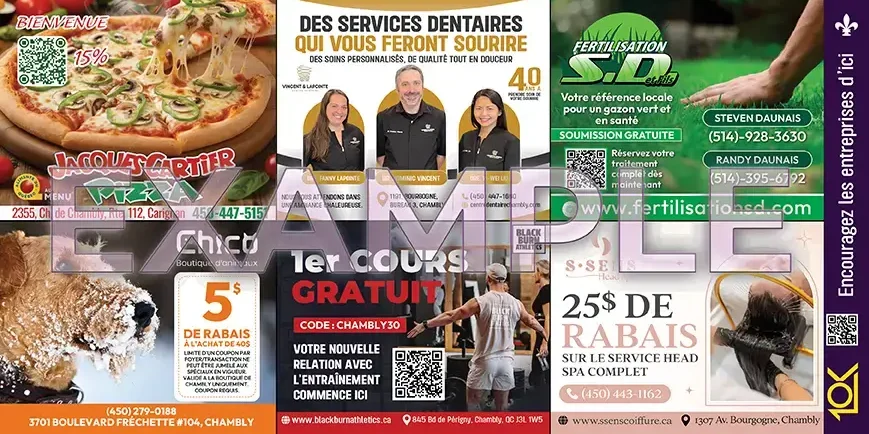 Exemple de carton partagé montrant 6 espaces publicitaires sur le recto