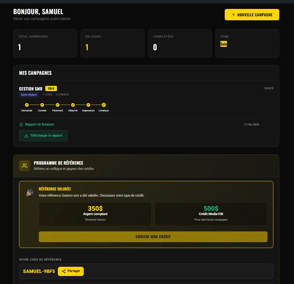 Tableau de bord Media10K - Suivi de campagne